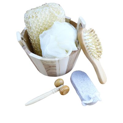몸 마사저 세트 바구니 목욕탕 퓨미스 스톤 얼굴 마사저 샴푸 Comb 화장실 스펀지 및 샤워 푸프와 함께 5 조각