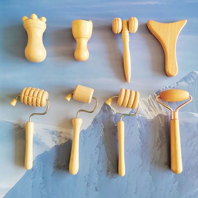 맞춤형 로고 사용 가능 벼룩 얼굴 미니 조각 도구 목재 치료 얼굴 마사지 롤러 세트 목재 얼굴 치료 키트