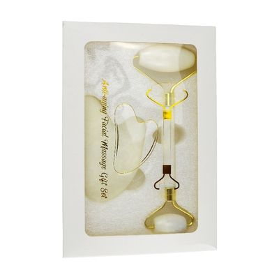 천연 자이드 스톤 구아샤 보드 (Natural Jade Stone Guasha Board) 가 구아샤 스크래핑 마사지 (Gua Sha Scraping Massage on Face) 의 맞춤식 로고가 있습니다.