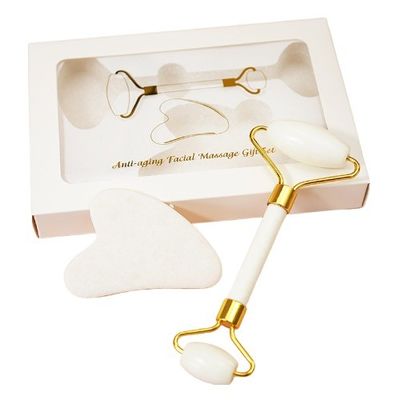 맞춤형 로고 가용 하얀 자이드 롤러 및 Guasha 세트 얼굴 Gua Sha 마사지