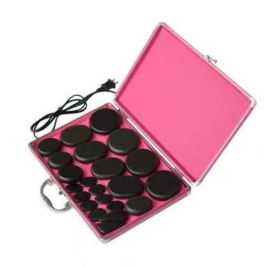 근육 마사지 뜨거운 돌 마사지 키트 알루미늄 난방 상자 28 pcs 블랙 바잘트 에너지 돌