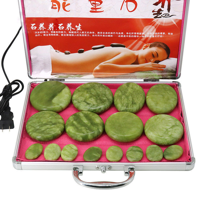 마사지 도구 오리바인 돌 마사저 돌 알루미늄 난방 상자와 함께 열 마사지 키트 건강 관리를위한 바잘트 에너지 돌