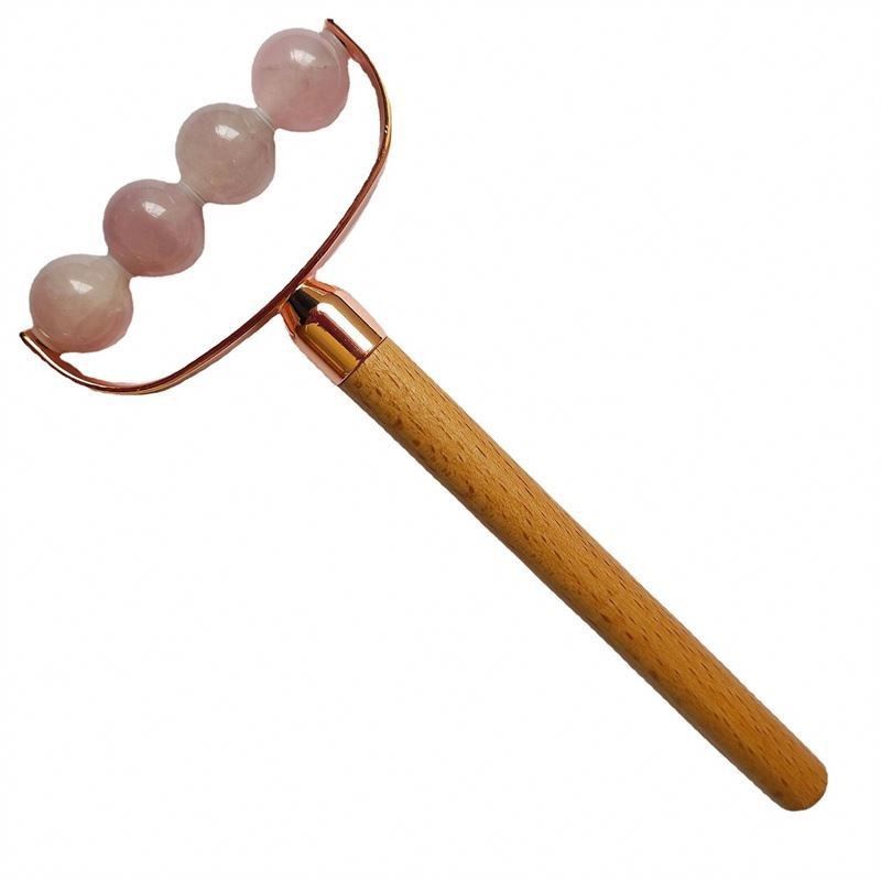 얼굴 마사저 휴대용 로즈 쿼츠 단일 머리 얼굴 안티 주름 롤러 나무 손잡이