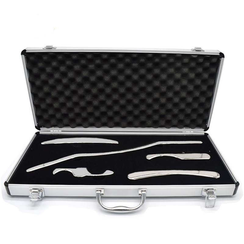 은 성질 의료용 스테인리스 스틸 구아샤 뷰티 마사지 도구 성질 5 in 1 세트