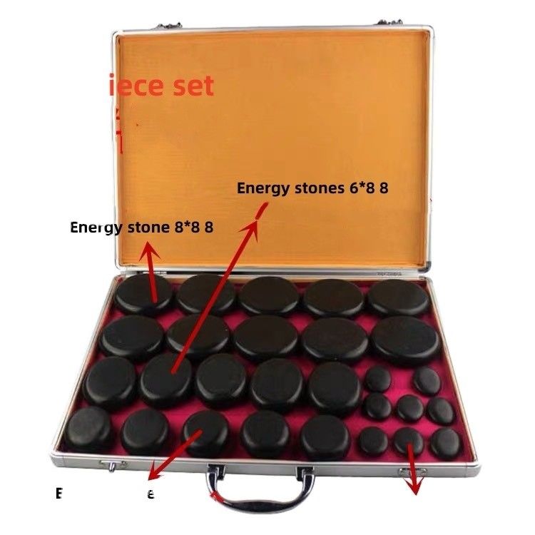 근육 마사지 뜨거운 돌 마사지 키트 알루미늄 난방 상자 28 pcs 블랙 바잘트 에너지 돌