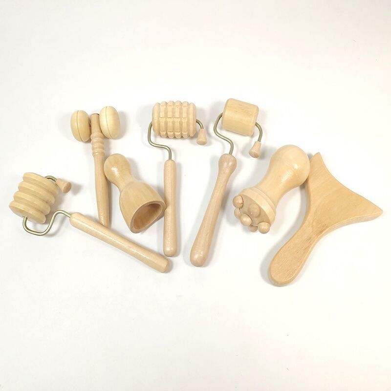 7pcs 세트 목형 마사저 키트 구아 샤 롤러 및 수동 롤러 목형 몸 과샤 마사지 도구