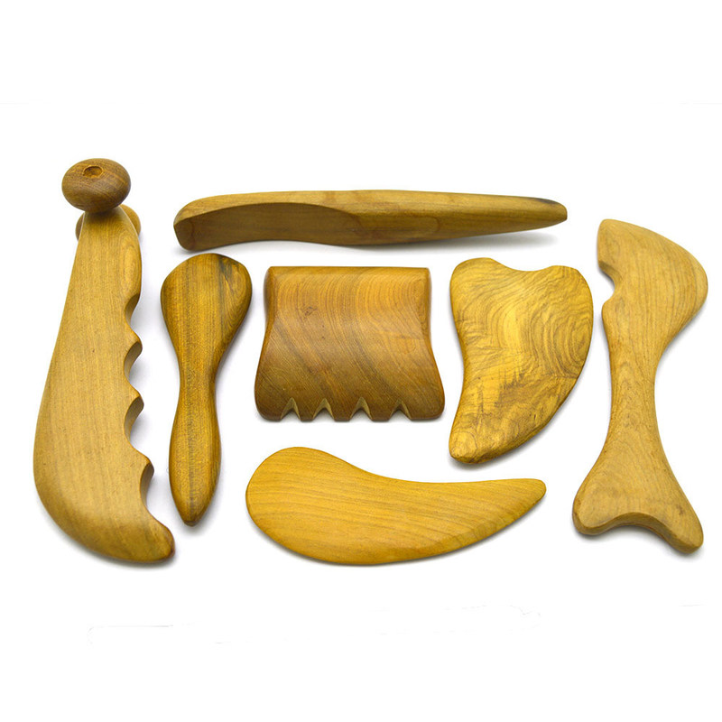 7 pcs-kit 나무 Guasha 보드 메시지 롤러 도구 아름다운 침술 스틱 아름다움